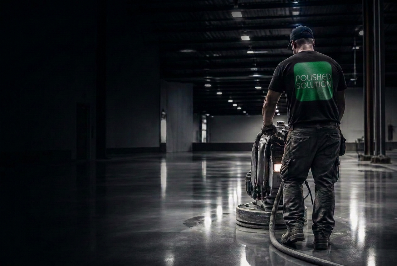 Polished Solution technician polishing a concrete floor